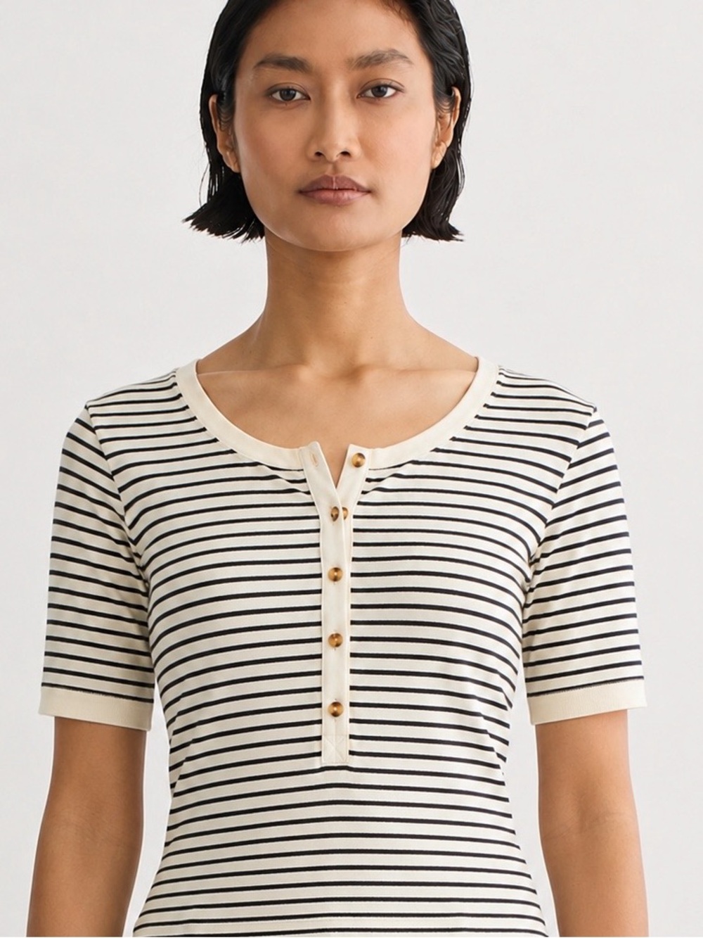 J. Crew 100% Cotton Black & Cream Striped Short-Sleeve Henley XS